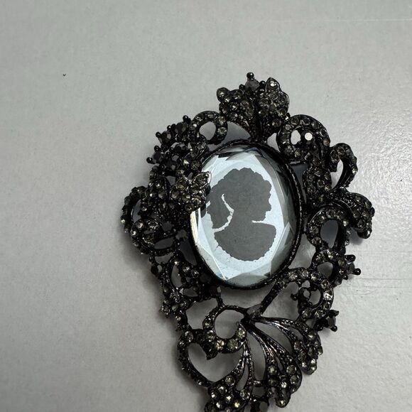 Vintage Ornate Cameo Brooch with Rhinestones – 2.5 Inches, Dark Silvertone - Picture 4 of 9
